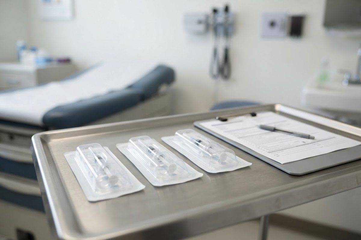 Documentary-style photograph inside an empty pediatric clinic examination room with three sealed medical trays arranged neatly beside a scheduling clipboard.