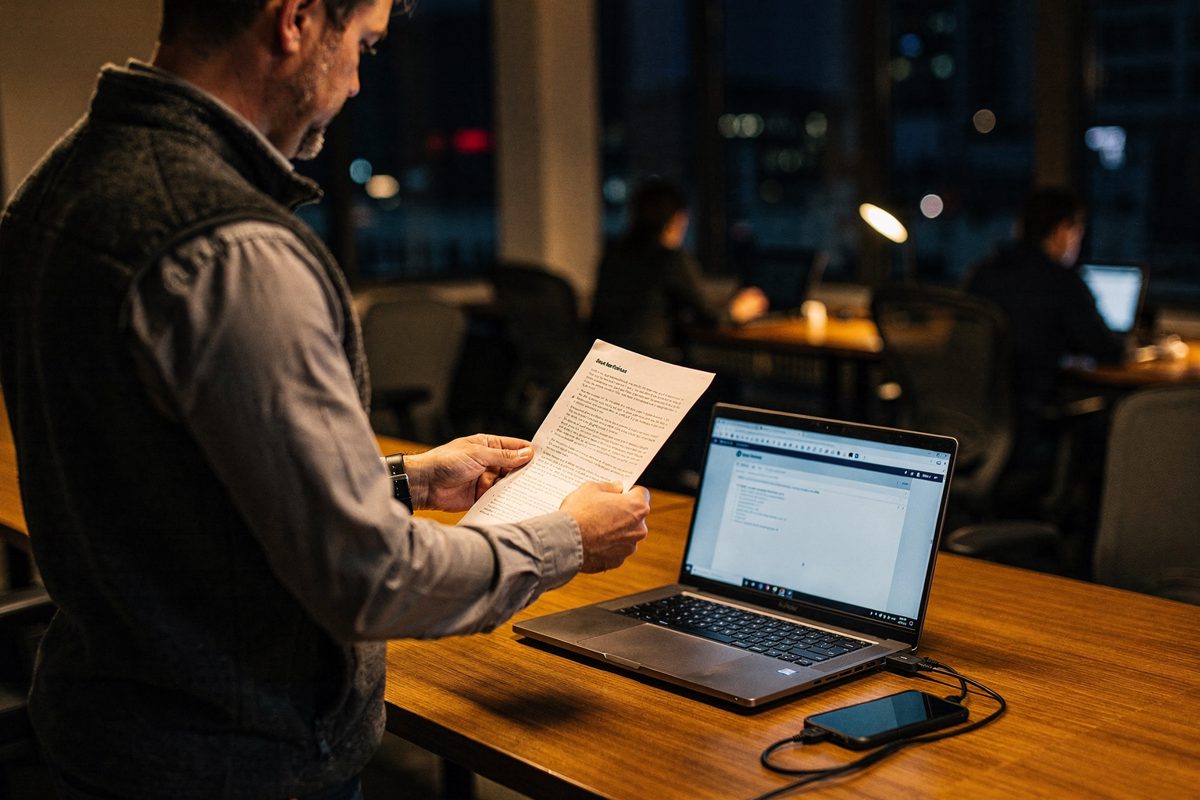 Over-the-shoulder shot at night in a near-empty co-working space lit by desk lamps, a man in a fleece vest standing and holding a stapled printout toward an.