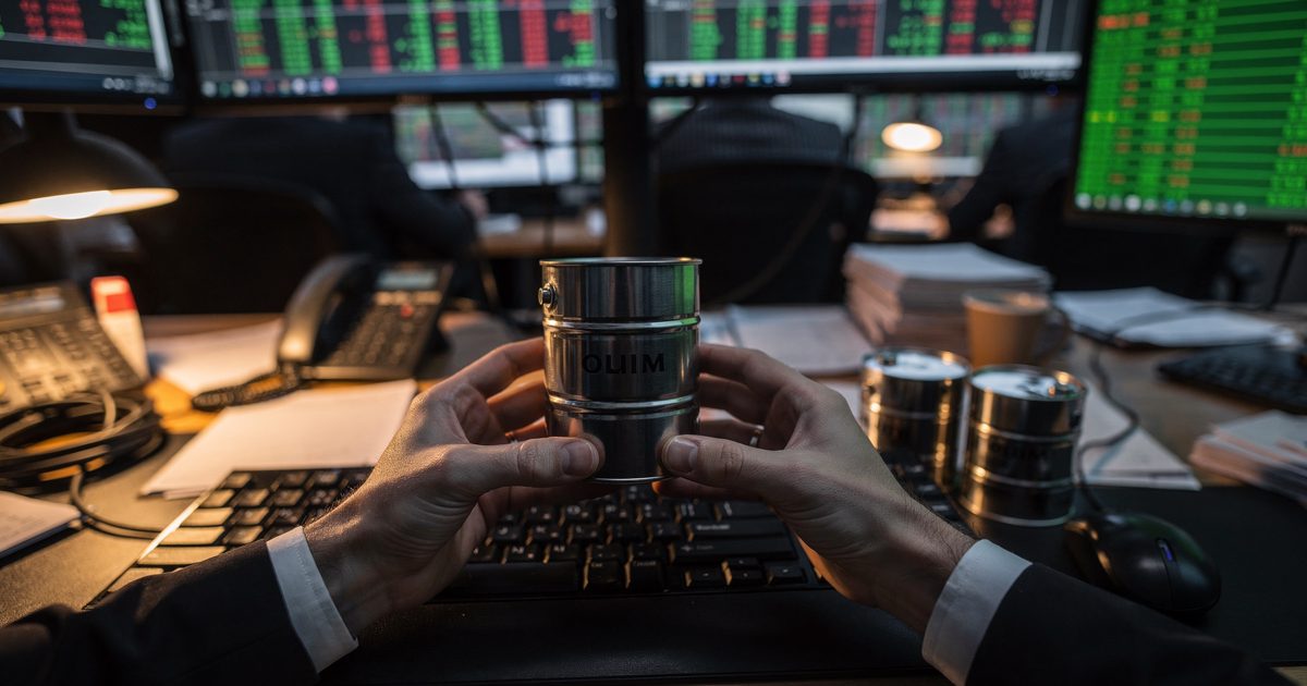 Low evening lamps on a downtown commodities desk, hands in close-up turning a small unmarked steel oil drum between two keyboards while a green price ticker.