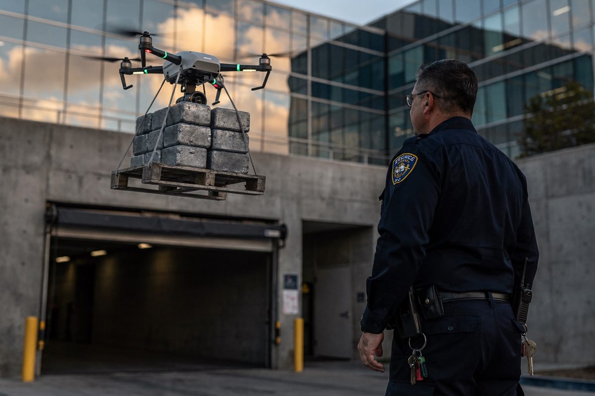 Late afternoon sunlight reflects off the mirrored glass of a sprawling Silicon Valley office park where a lone security guard watches an autonomous delivery.