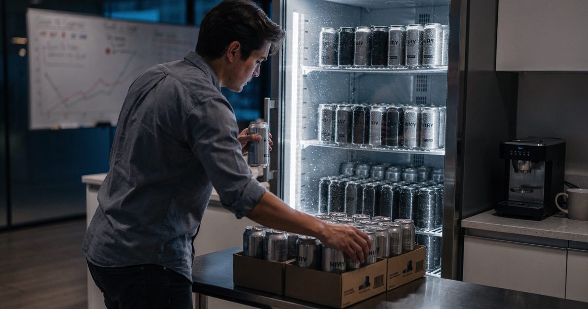 Cool blue-hour light in a downtown startup kitchen as someone seen from behind restocks a glass-door fridge from an open cardboard case of cold-brew cans.
