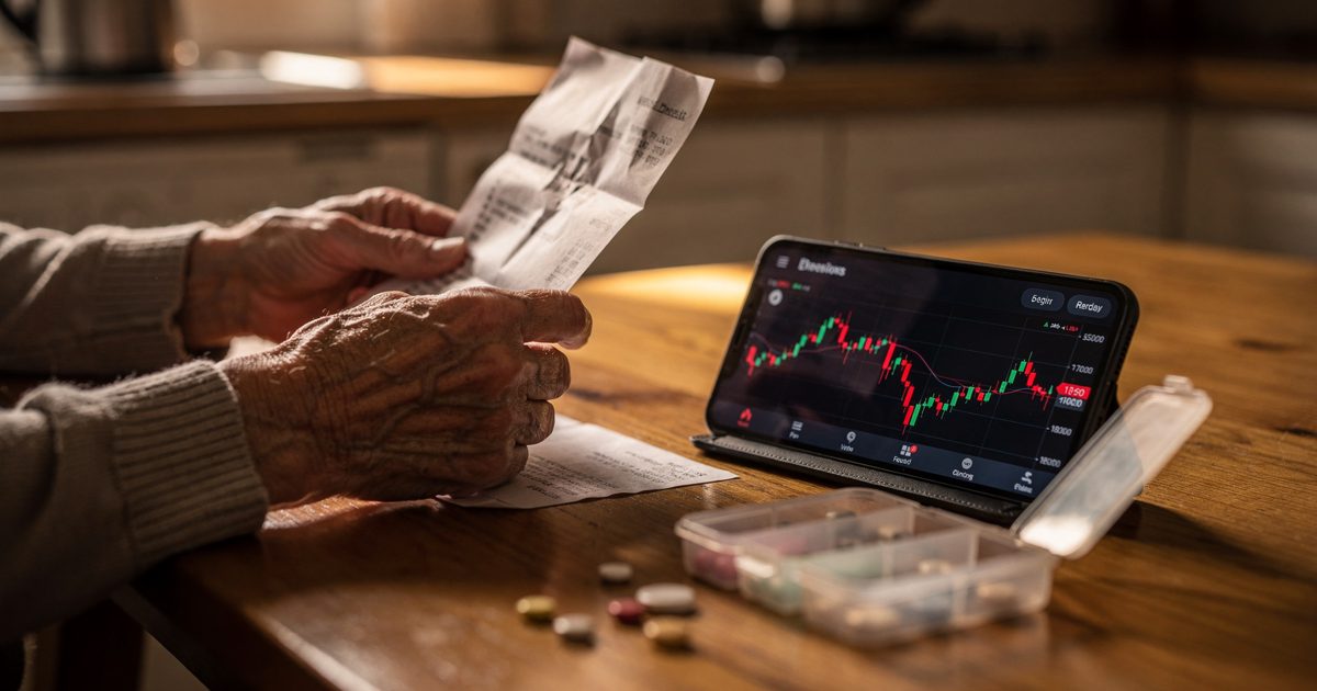 Close-up in warm early kitchen light of an older person's hands holding a paper benefit statement beside a phone screen showing a plunging red candlestick.