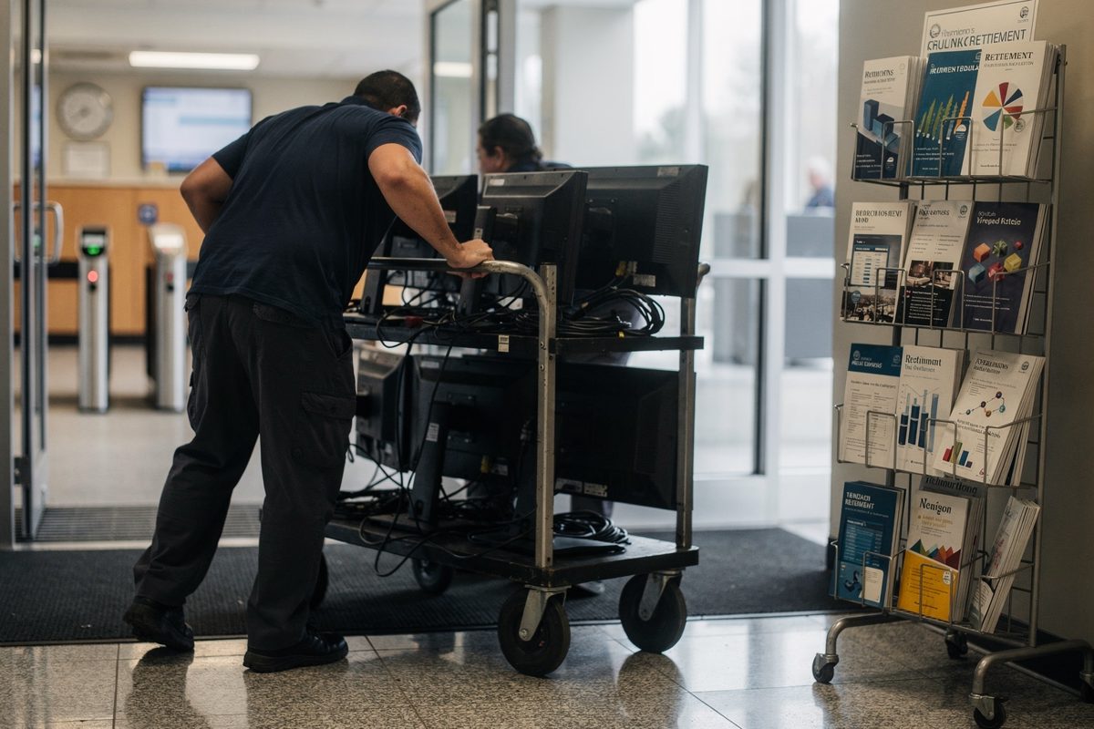 Wide shot from behind of movers in a federal office lobby at midday wheeling a bank of trading monitors past a rack of retirement pamphlets, one dolly wheel.