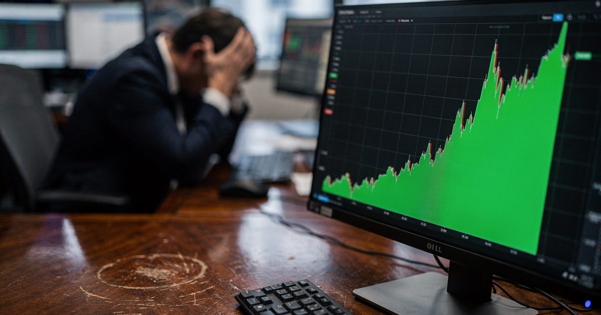Tight shot from behind a heavily scuffed mahogany desk in a financial firm, a glowing terminal screen showing a steep, unnatural green spike in stock prices.