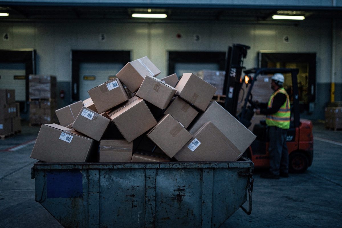 Harsh fluorescent lighting beating down on an industrial loading dock at dawn, an overflowing steel dumpster crammed entirely with pristine, unopened cardboard.