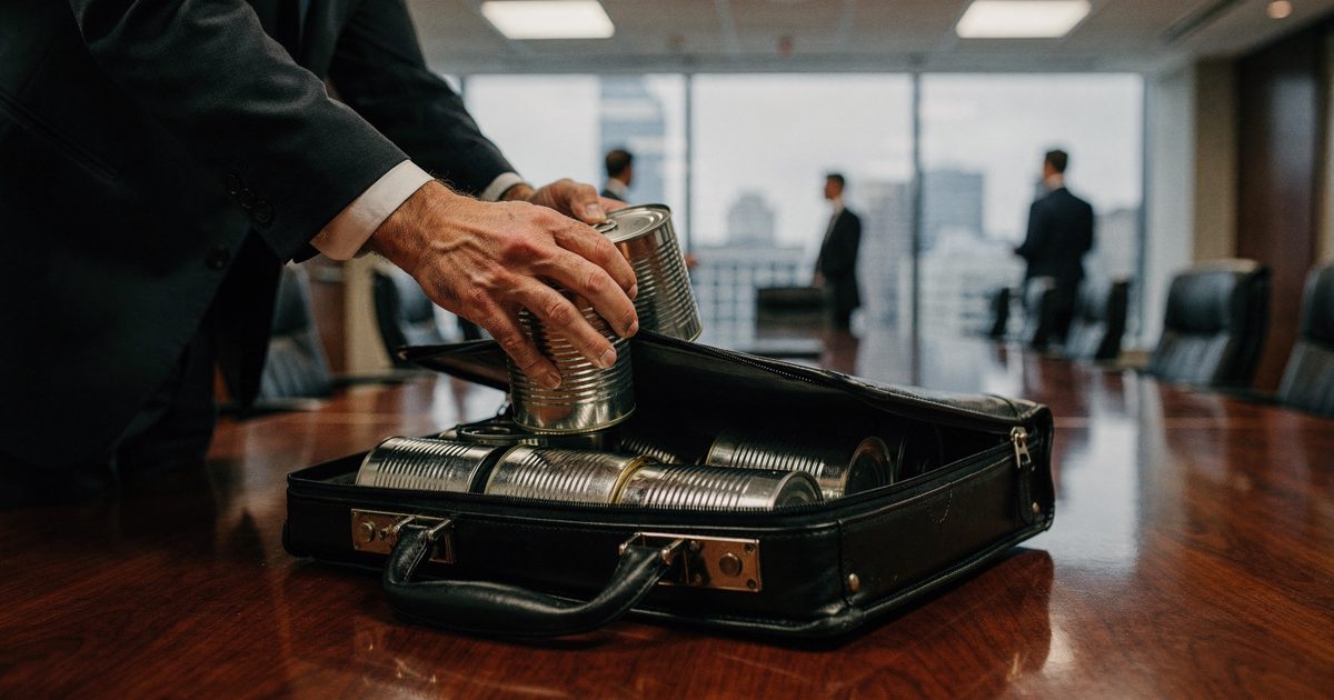 Harsh fluorescent light reflecting off a polished mahogany boardroom desk as a pair of hands in a tailored suit frantically shoves unmarked silver cans of.