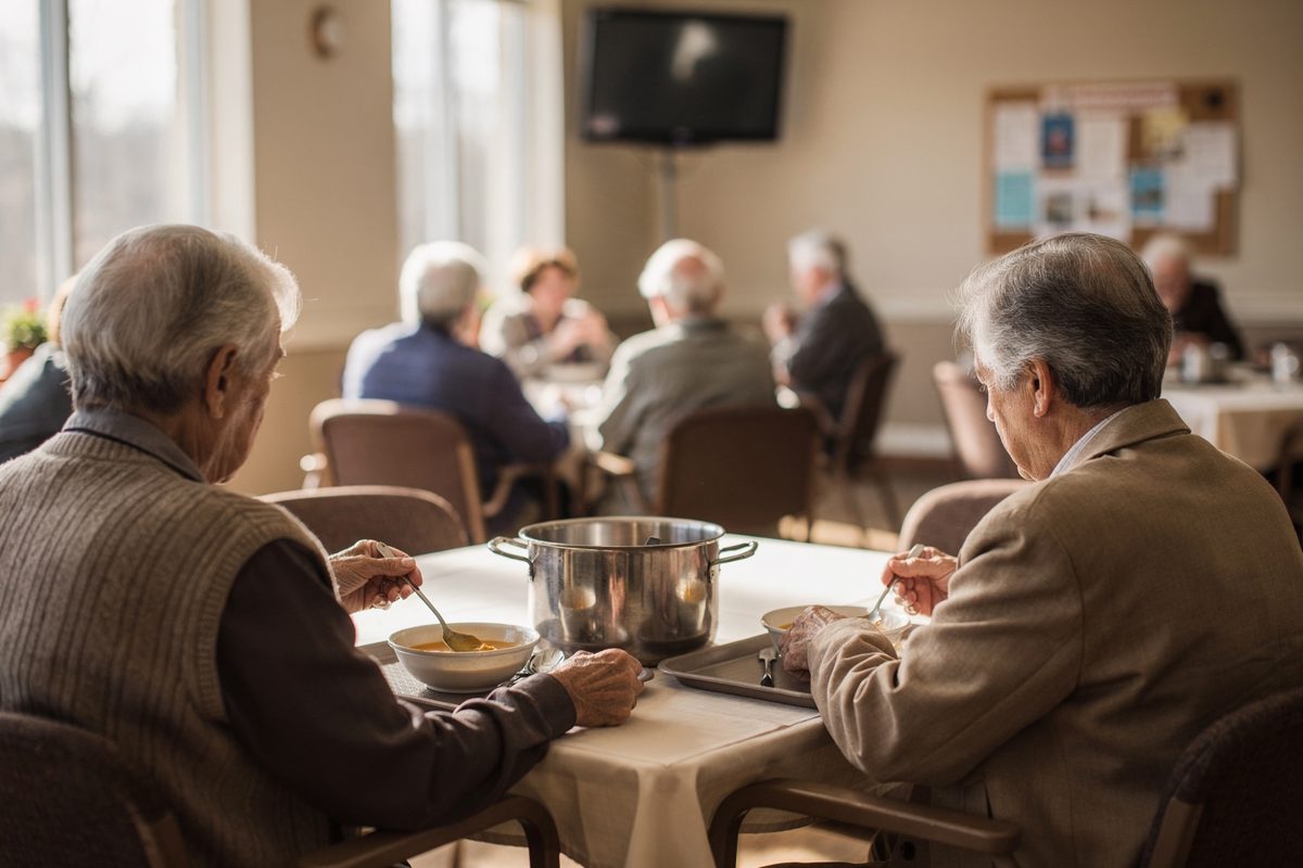 Wide shot in bright mid-morning sun through tall windows of a suburban senior centre dining hall, retirees seen from behind at round tables ladling soup from a.