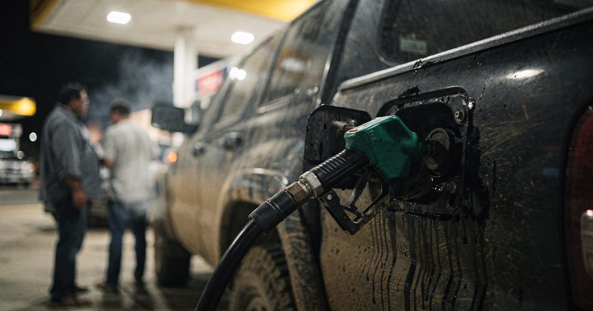 Close shot in harsh overhead forecourt lighting at night, a fuel nozzle resting loosely in the filler neck of a dusty pickup truck, the metal collar heavily.