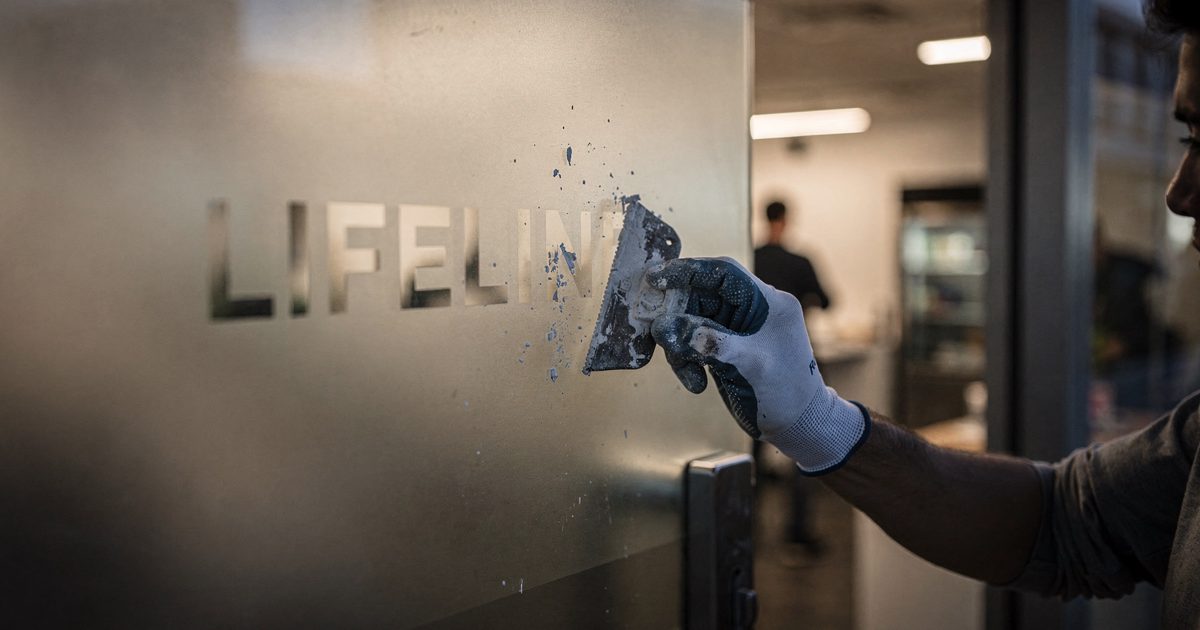 Close detail at dusk on the frosted glass door of a Palo Alto office, a sign painter's gloved hand scraping the final letter from the word "LIFELINE" while.