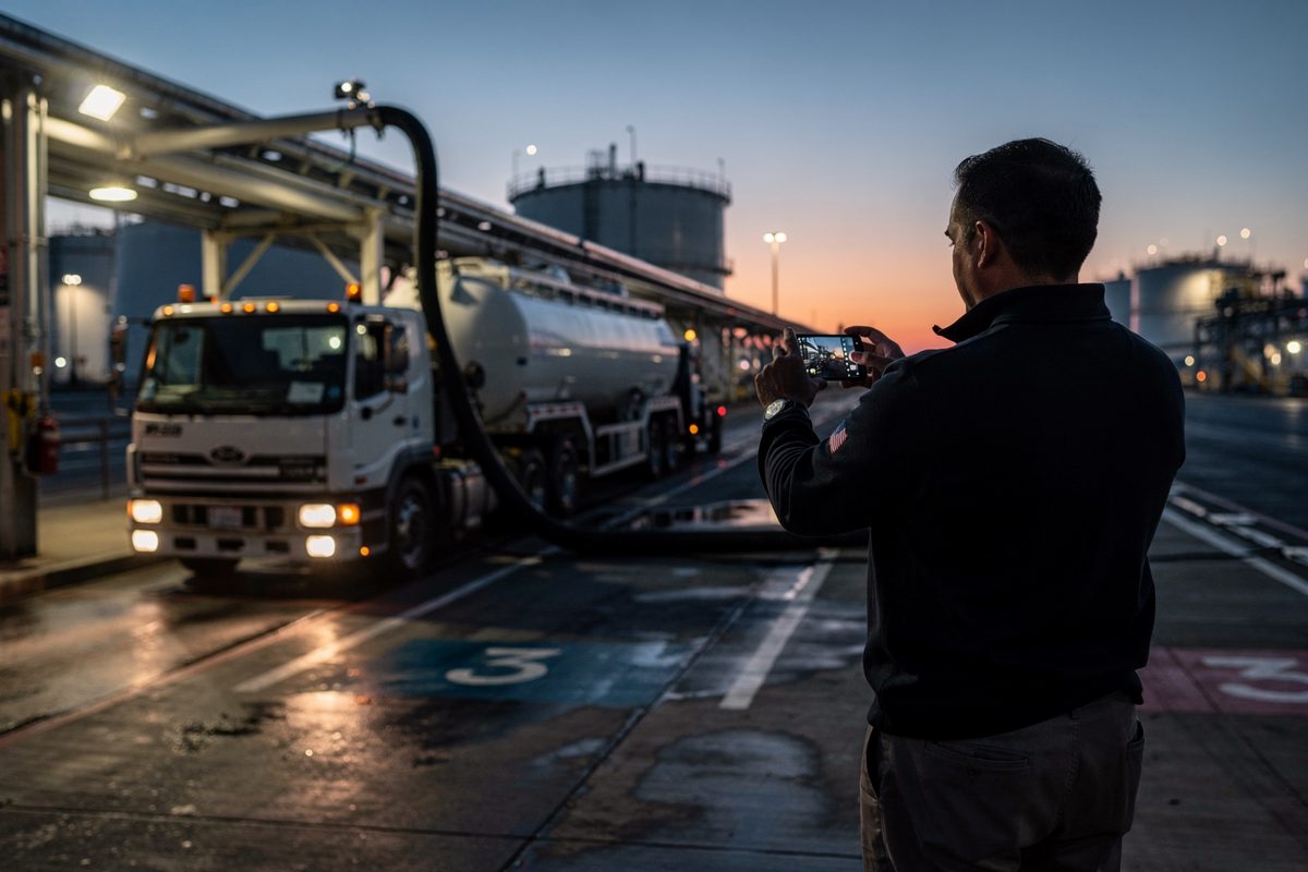 Wide shot at dawn in a California fuel terminal, a diesel tanker truck filling beneath floodlights while a man in a quarter-zip fleece, seen from behind, films.