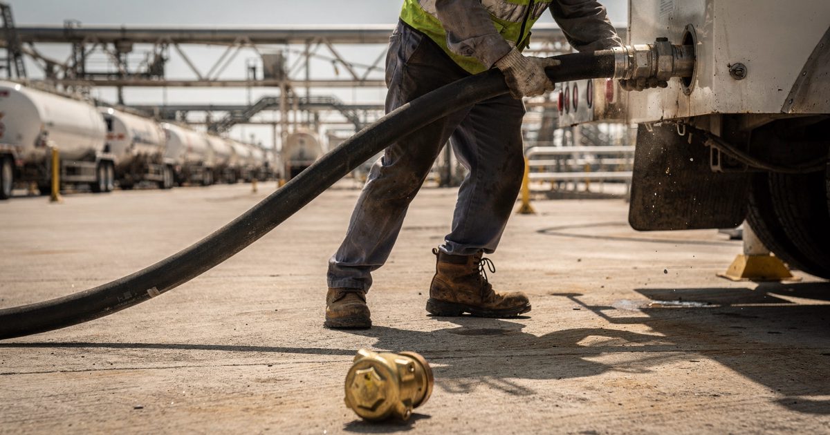At hard noon on a Gulf Coast truck-loading rack, a worker's arms and torso fill the frame while they wrestle a diesel hose whipping back off a tanker fill.