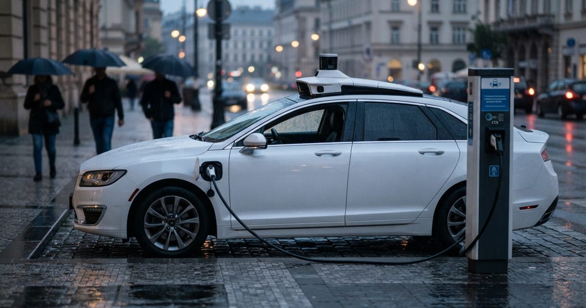 A sleek white driverless robotaxi with visible roof-mounted lidar sensors parked alone at a public EV charging station on a rainy European city street at dusk.