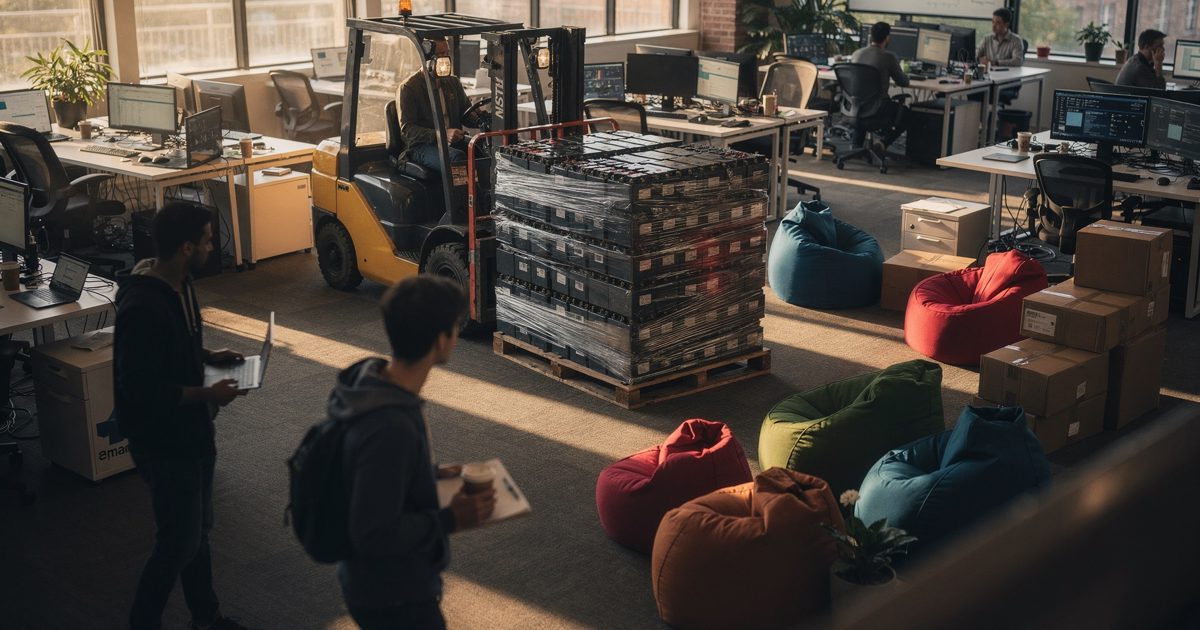 High-angle shot from a mezzanine looking down onto an open-plan coworking floor in late afternoon sun striping the desks, a forklift pallet of shrink-wrapped.