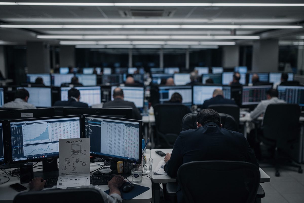Wide shot across a long trading floor at dusk under fluorescent strip lights, rows of traders seen from behind all hunched forward over their desks in unison.