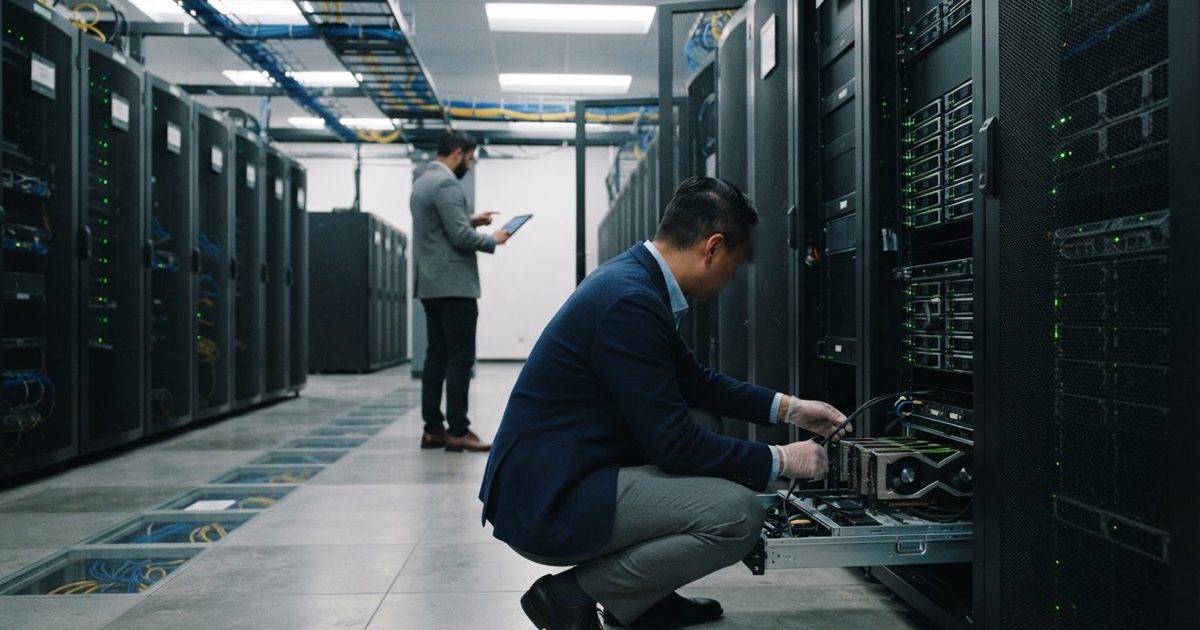 A realistic news photograph inside a pristine, climate-controlled data center where technicians in business attire inspect rows of older graphics-processing.