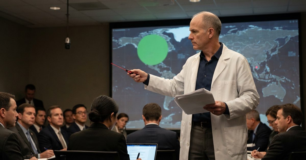 A serious academic in a white lab coat pointing a laser pointer at a massive, incredibly complex digital map of the world, where North America is covered.