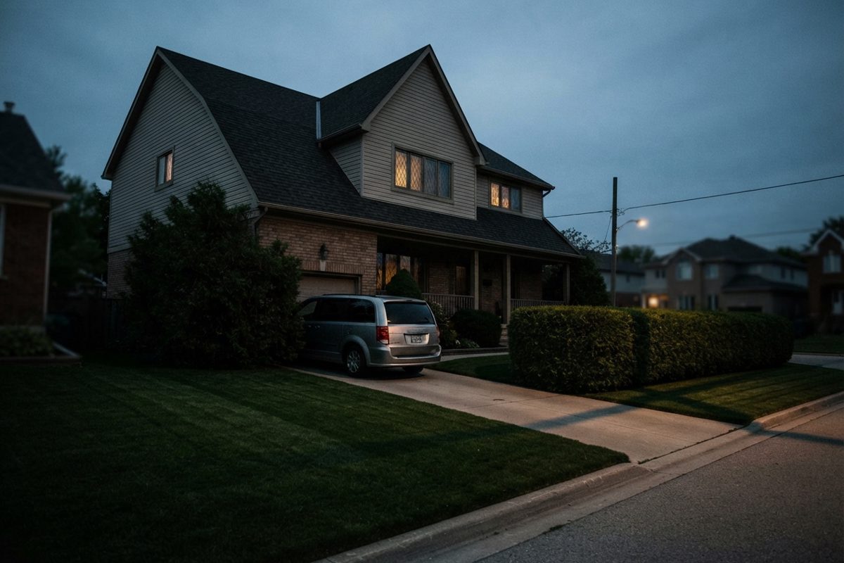 A dramatically lit, overly ominous photograph of an incredibly mundane suburban house with a perfectly manicured lawn and a parked minivan, shot from a low.