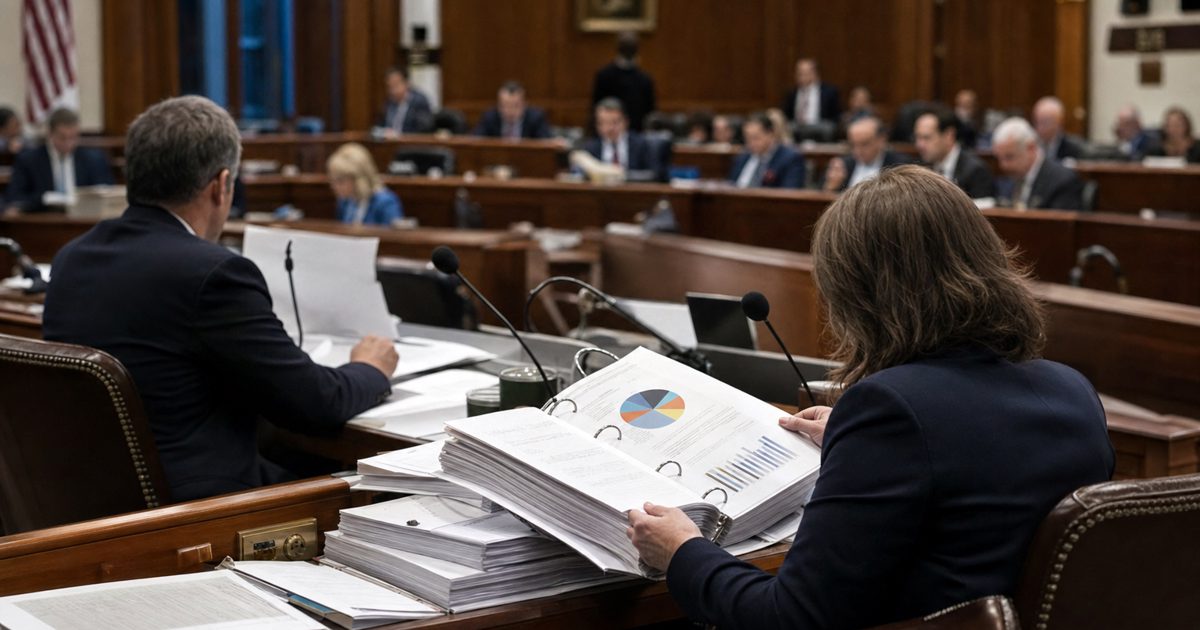 Documentary news photograph inside a state legislative hearing room, showing anonymous officials reviewing thick policy binders and charts, no readable text.