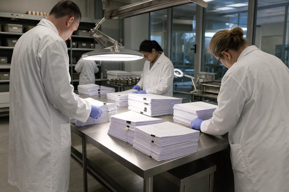 Realistic news photograph of technicians in plain laboratory coats examining stacks of legal documents on a stainless-steel workbench, serious institutional.