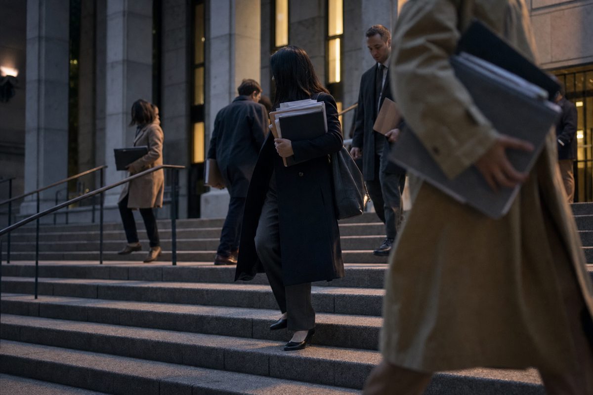 Evening news photograph outside a generic public-policy research building, anonymous staff carrying folders down broad steps, subdued atmosphere, no signs or.