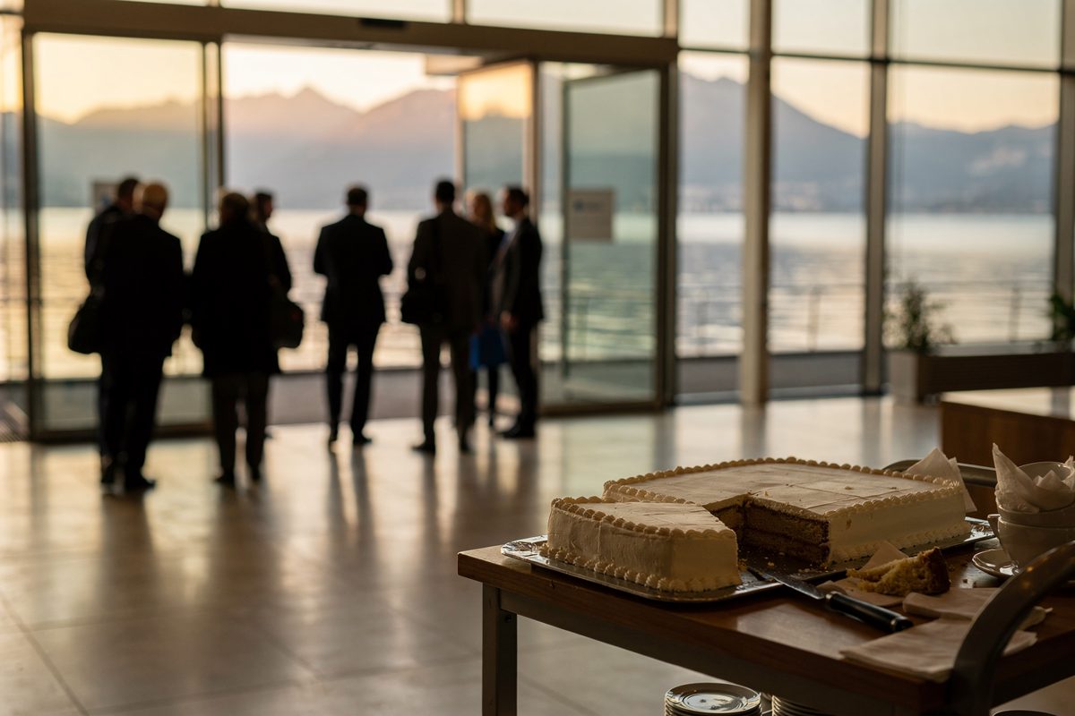 Wide shot at golden hour inside a glass-walled conference centre lobby overlooking Lake Geneva, delegates in dark coats filing out toward the exit with their.