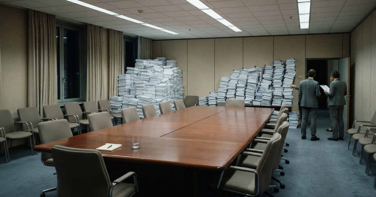 A wide, sterile conference room featuring a massive, empty mahogany table; thousands of pristine, unopened briefing folders are stacked dangerously high in the.