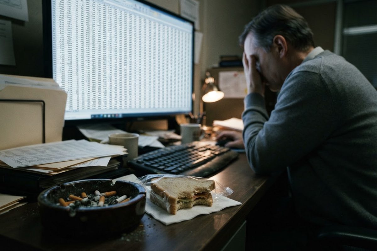A close-up of an exhausted administrator's desk: a glowing computer monitor displaying an endless, dizzying spreadsheet of abstract numbers, sitting next to an.