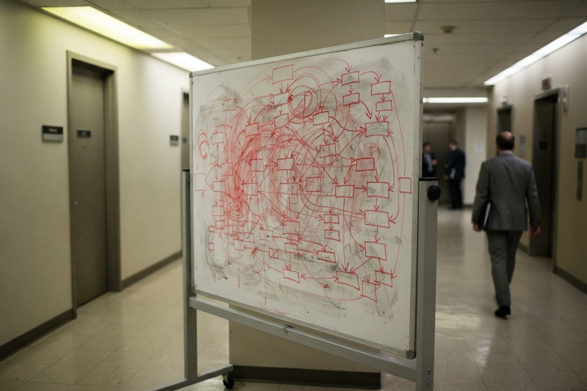 A solitary rolling whiteboard in a muted, windowless hallway; the board is entirely covered in a chaotic, impenetrable maze of overlapping flowcharts and.