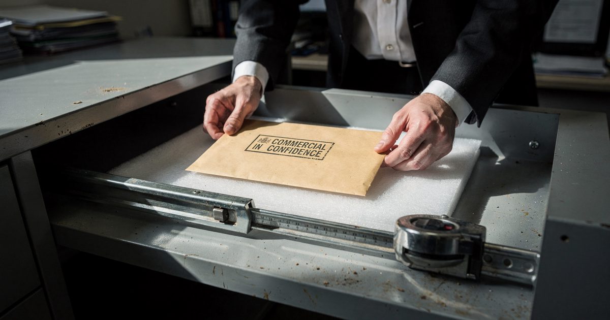 Close detail in hard low morning light of an open metal desk drawer in a government office, a civil servant's hands lowering a sealed manila envelope stamped.