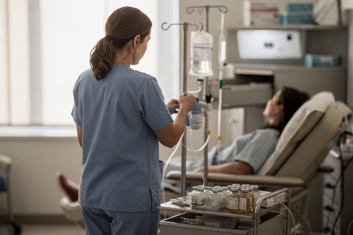 Mid shot in pale mid-morning light through the window of a hospital chemotherapy day unit, a nurse seen from behind hooking an infusion bag onto a drip stand.