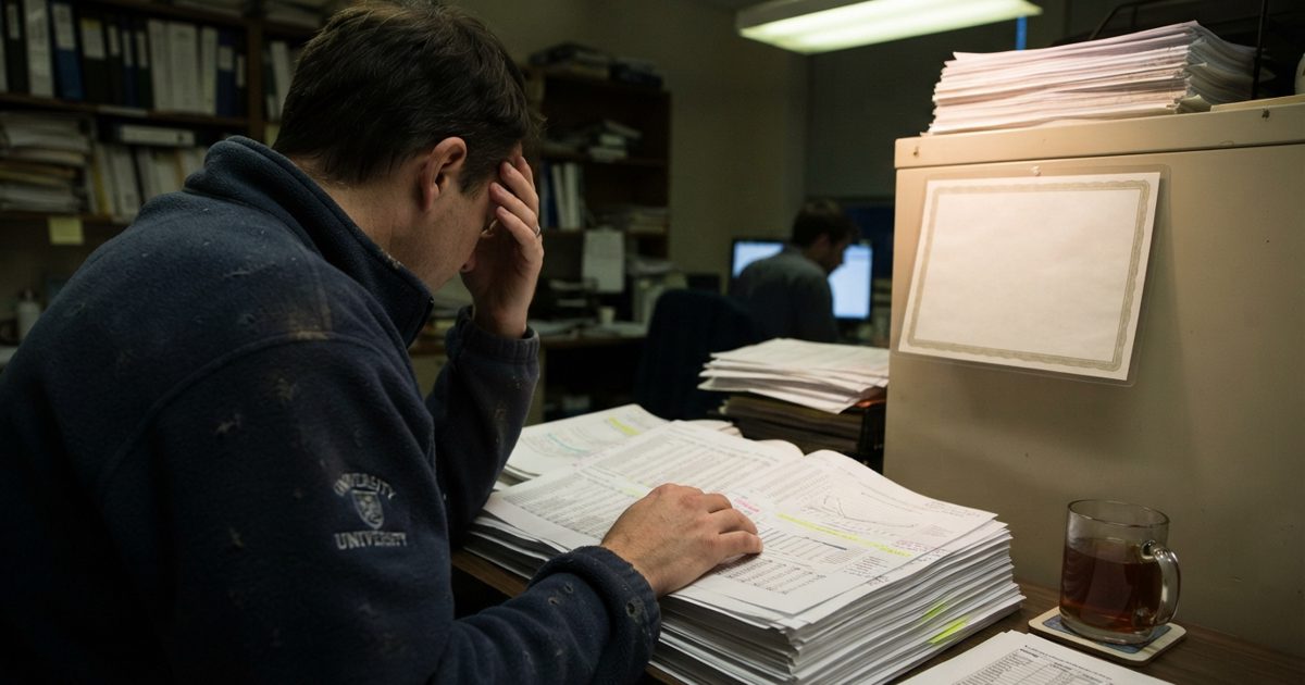 Late-evening university epidemiology office under flickering fluorescent tubes, shot from behind an unidentifiable researcher's shoulder as they page through a.