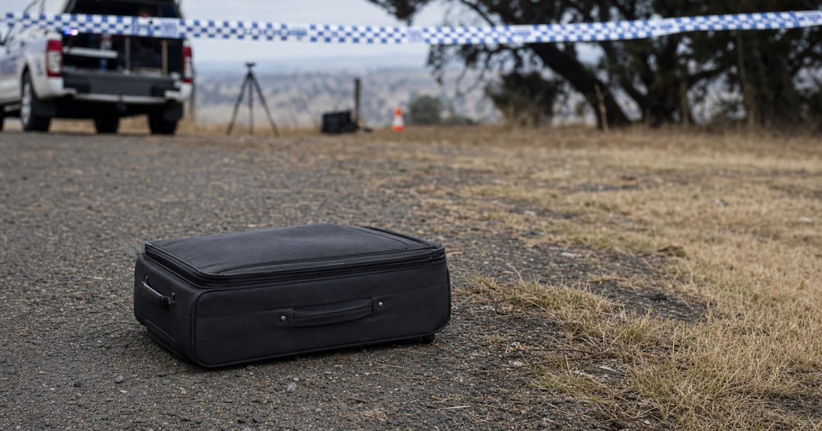 Documentary news photograph of a closed ordinary suitcase resting inside a cordoned rural roadside area near Goulburn, overcast daylight, police vehicles.