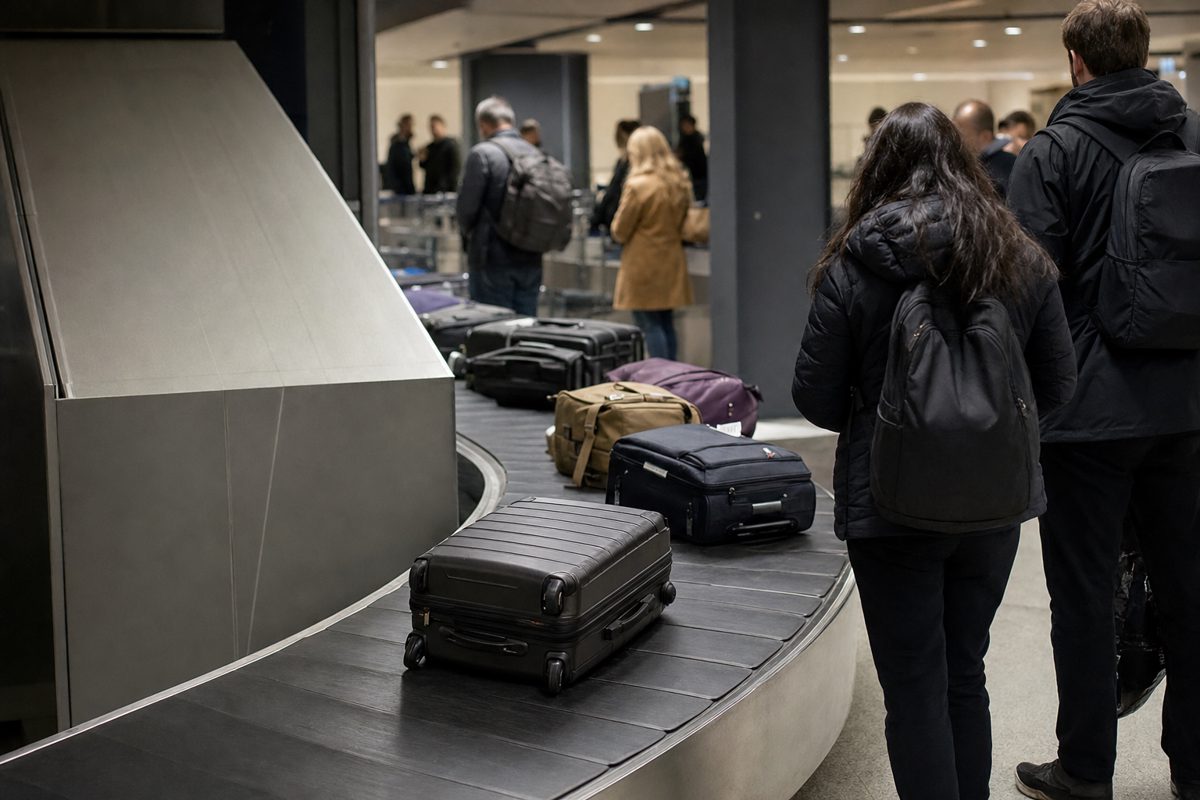 Documentary photograph of an anonymous airport baggage carousel carrying one plain suitcase among several harmless travel bags, fluorescent terminal lighting.
