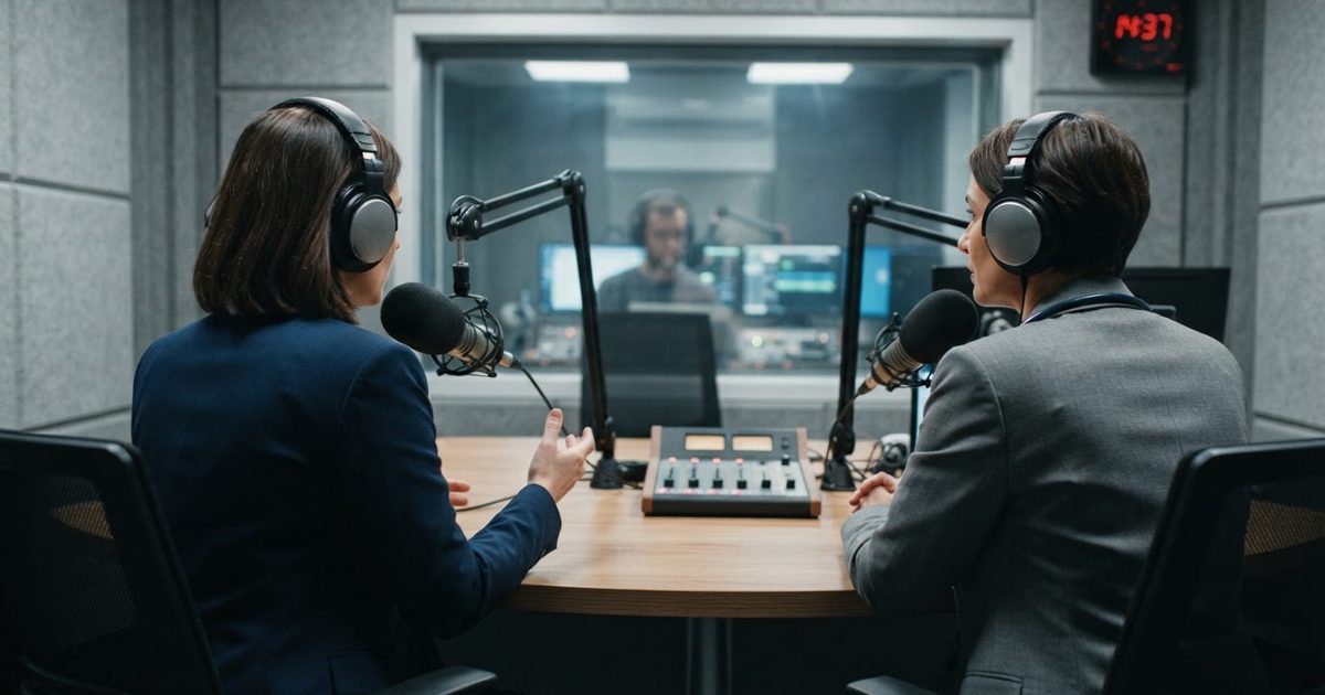 A wide documentary-style photograph of a modern radio studio during a serious health-explainer interview, with an unidentified presenter and medical expert.