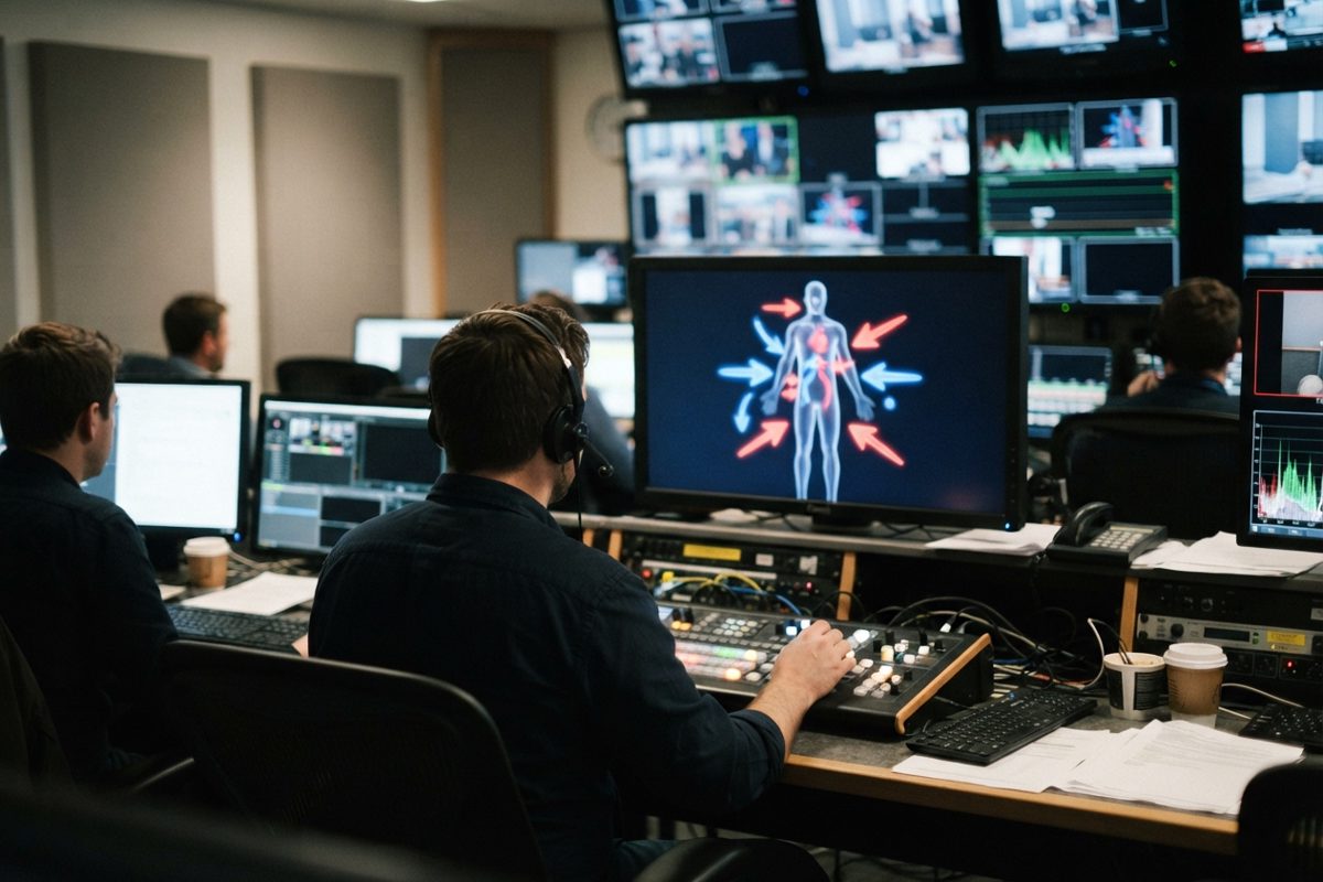 A realistic newsroom control room where producers monitor a generic medical animation of arrows and a human silhouette on multiple screens, no readable text.