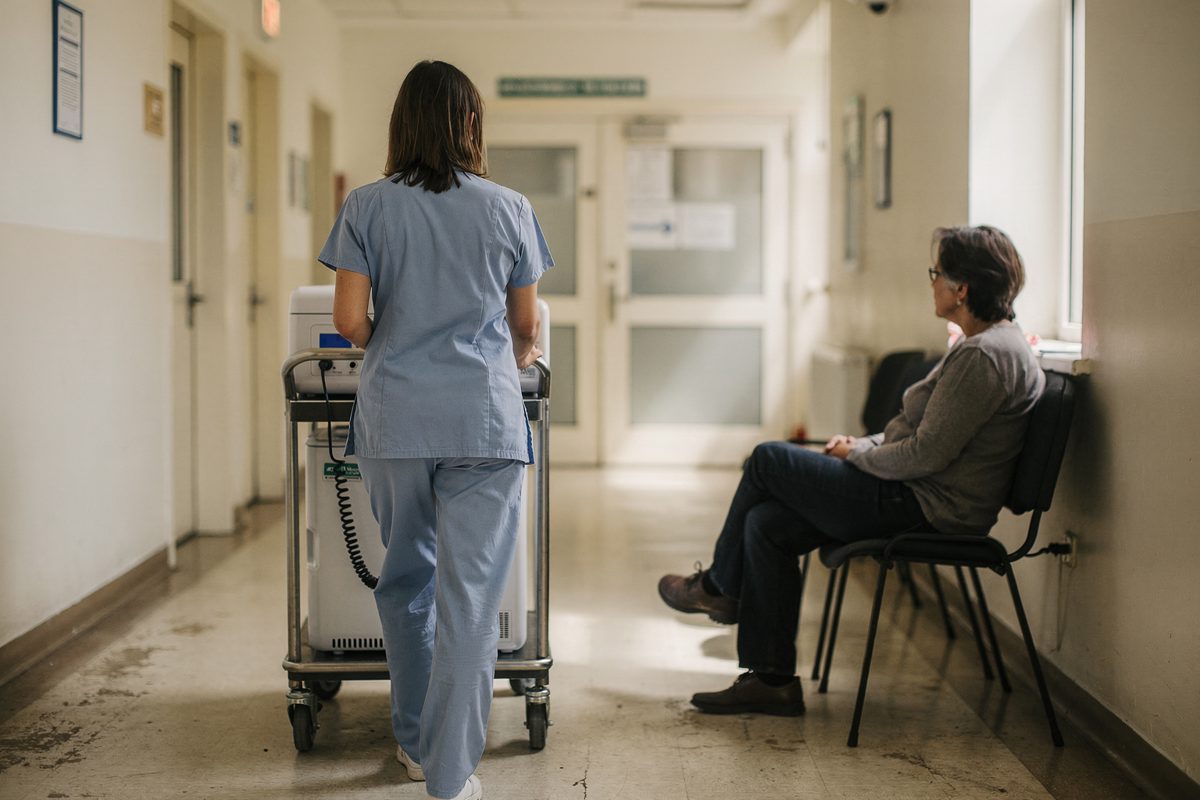 Wide shot in bright afternoon light down a pediatric clinic hallway, a nurse seen from behind wheeling a small vaccine refrigerator cart past a waiting parent.