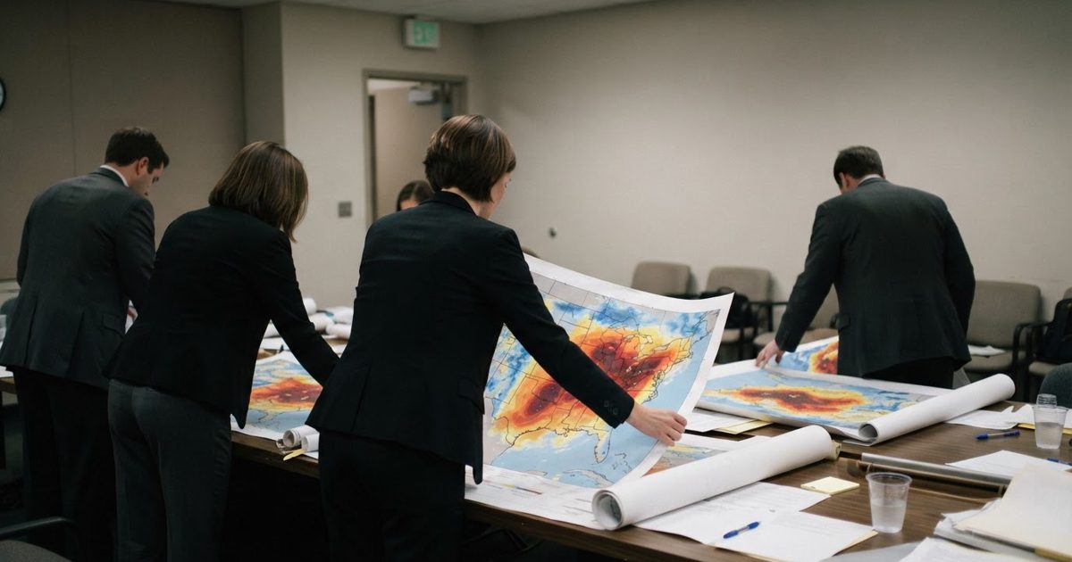 Documentary news photograph of an anonymous government briefing room where unrecognisable officials in plain business attire arrange color-coded interstate.