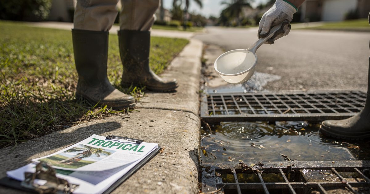 Low-angle shot in harsh Florida noon glare beside a suburban Tampa storm drain, a mosquito-control field worker seen from the knees down dipping a white.