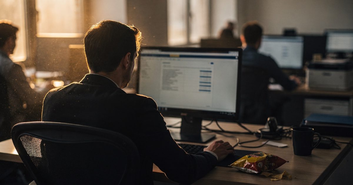 Over-the-shoulder medium shot in a quiet open-plan office late on a Friday afternoon, low golden sun striping across the desks, an office worker seen from.