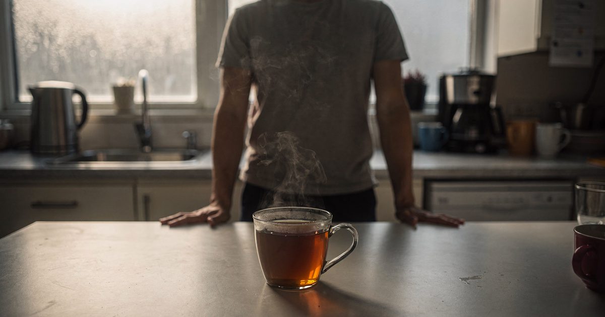 Weak early sun through a frosted window in an open-plan office kitchen, a colleague cropped at the neck standing still before a full mug of tea as the last.