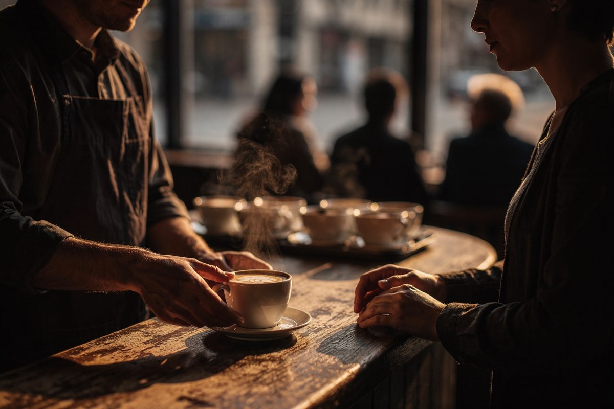 Warm late-afternoon light along a high-street cafe pass, a barista cropped at the shoulders setting down a full cup and taking both hands away while a customer.