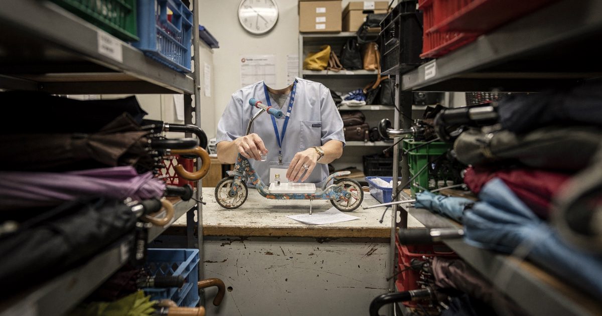 Mid-shot in a council lost-property room under flat fluorescent light at closing time, seen through the gap between two shelves of unclaimed umbrellas, a clerk.