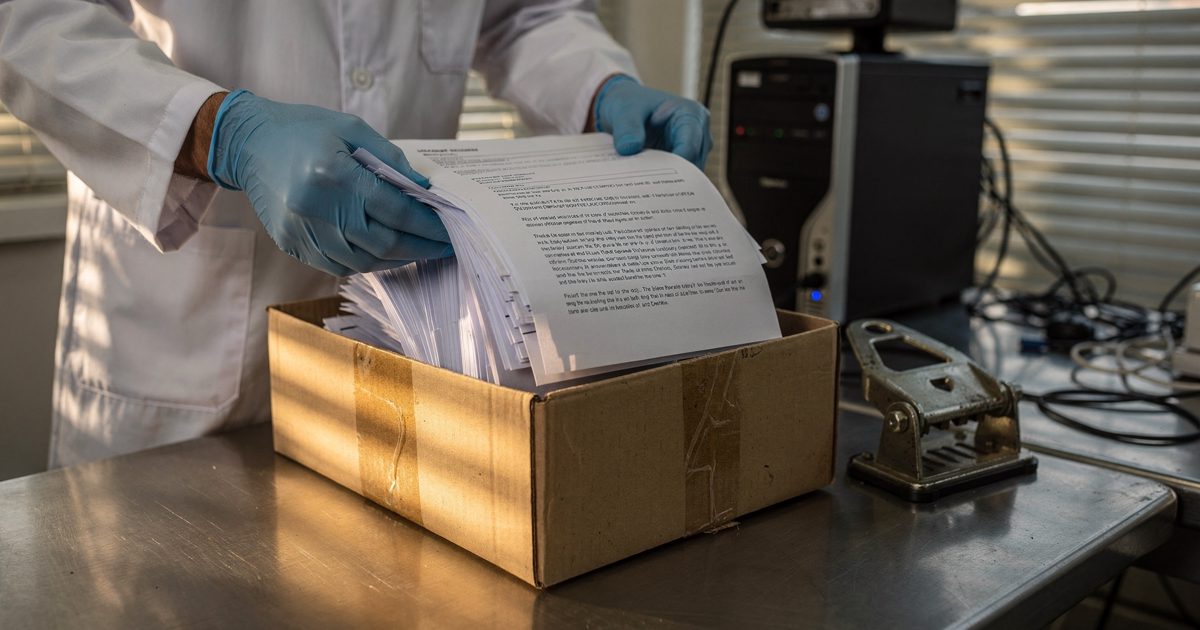 Close-up of gloved hands lifting a thick bundle of printed emails out of a cardboard box on a metal table, hard afternoon light through slatted blinds, a hole.
