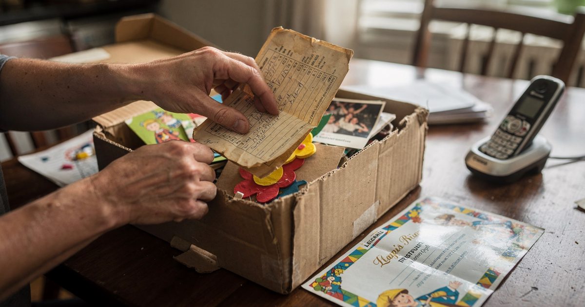 Close detail in bright midday window light on a cluttered kitchen table, an adult's hands cropped at the wrists lifting old school papers out of a battered.