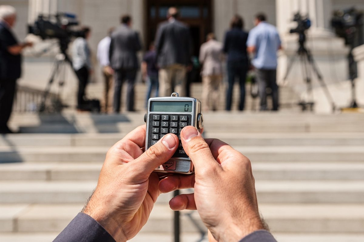 Close-up of a researcher's hands clicking a handheld tally counter on courthouse steps in hard midday light, an out-of-focus crowd and shouldered television.