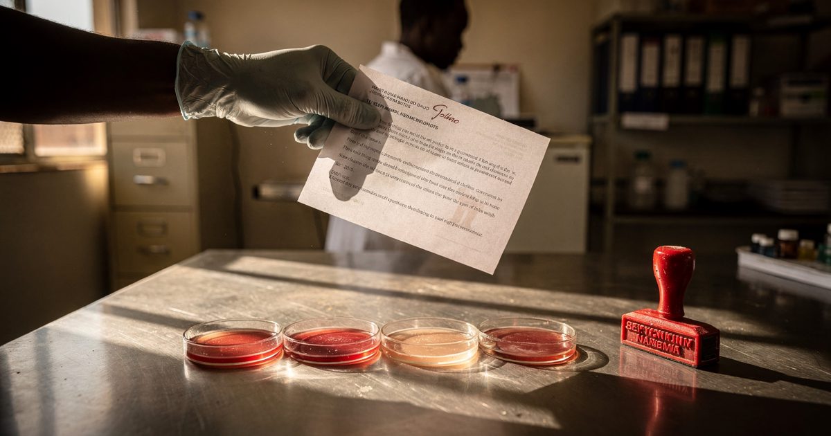 Hard morning sunlight through a laboratory window in a government health office, a gloved hand cropped at the wrist holding a stapled printed notice open above.