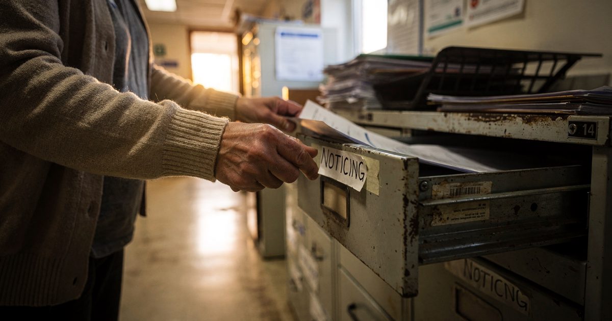 Close detail in warm morning light of a hand in a cardigan sleeve sliding a thin report into a metal filing drawer inside a cramped hospital administration.
