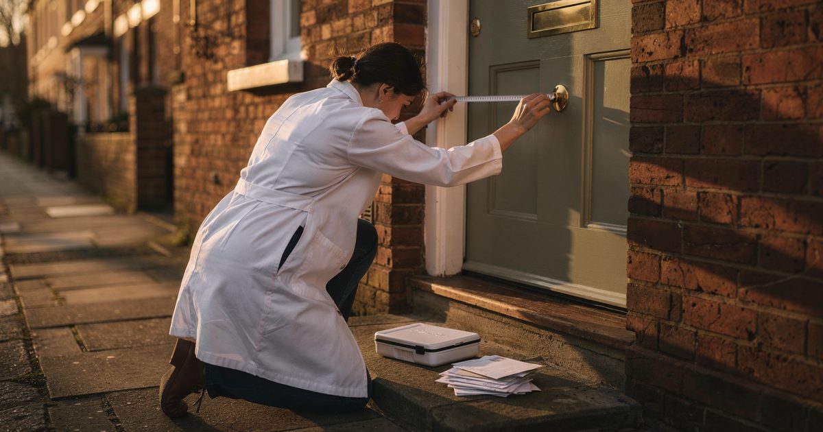 Low golden evening sun down a red-brick terraced street, a figure in a white lab coat seen from behind kneeling at a front door and holding a tape measure.
