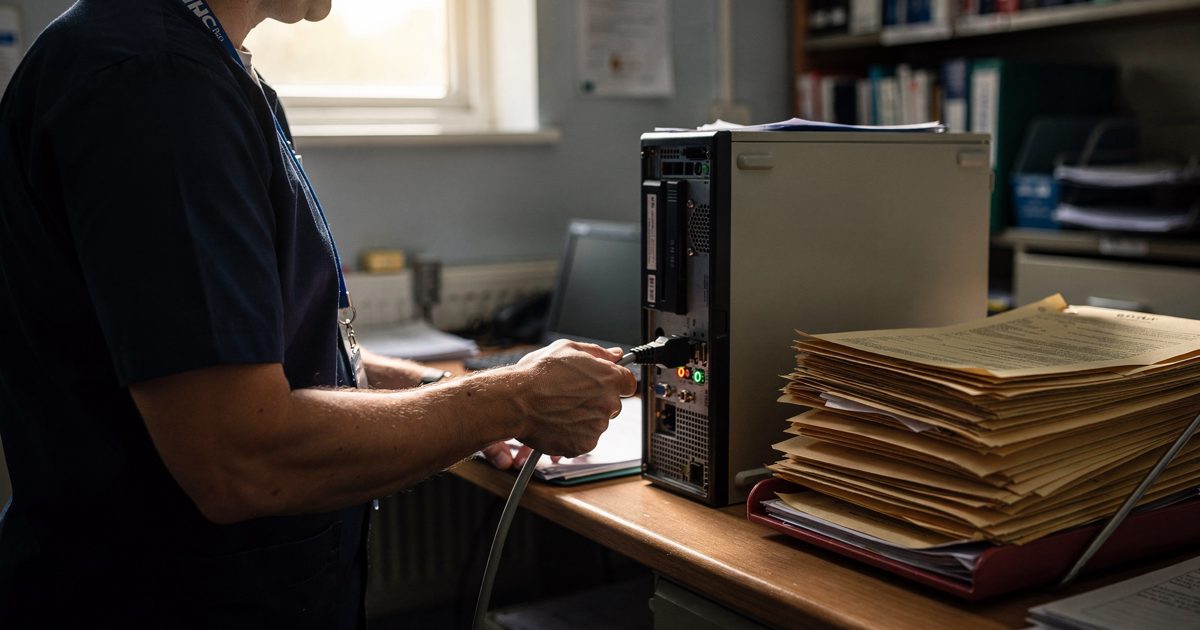 Close shot over the shoulder of a hospital administrator in a navy NHS lanyard, face out of frame, in a small records office lit by low early-morning sun.