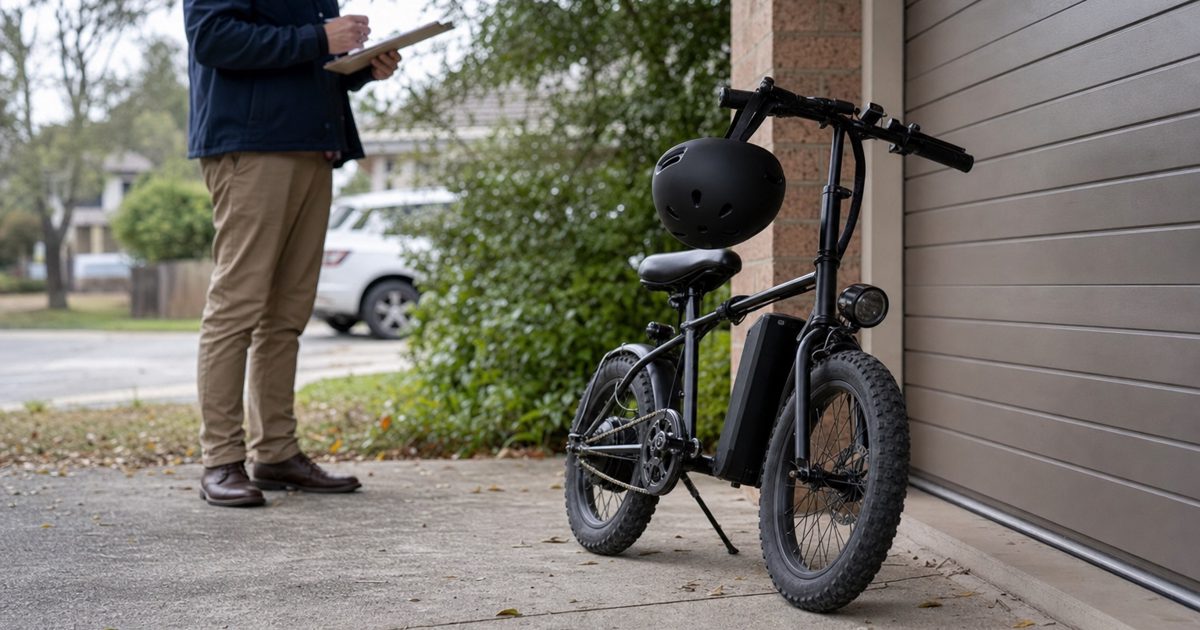 Documentary news photograph of an empty suburban Australian driveway at morning, a small electric bicycle beside a garage, helmet resting on the handlebars.